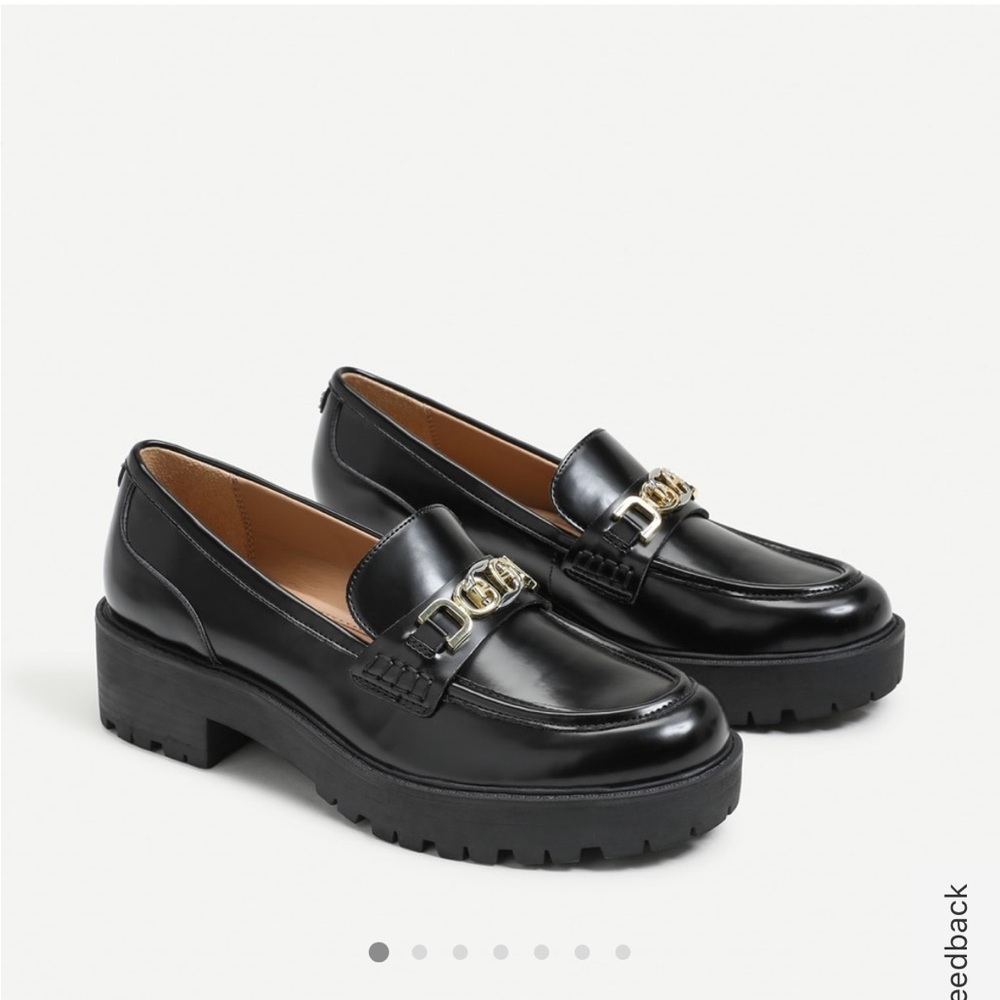 Sam Edelman Black Patent Leather Lug Sole Loafers with Gold Chain